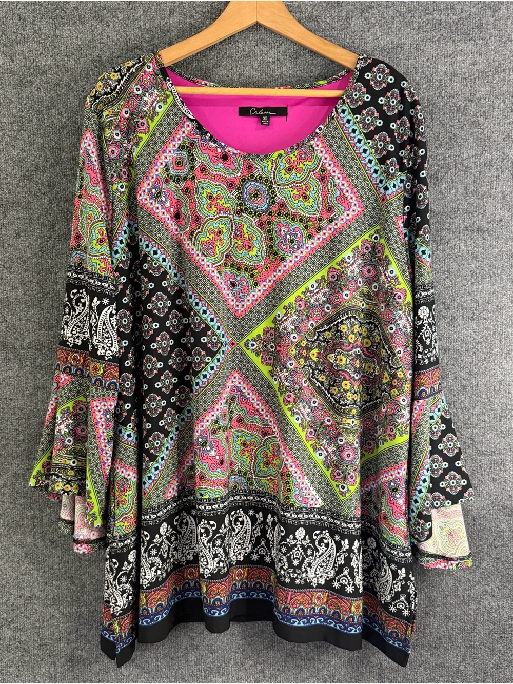 Calessa Womens 3X Paisley Boho Top Multicolor Bell Sleeve Artsy Office Casual